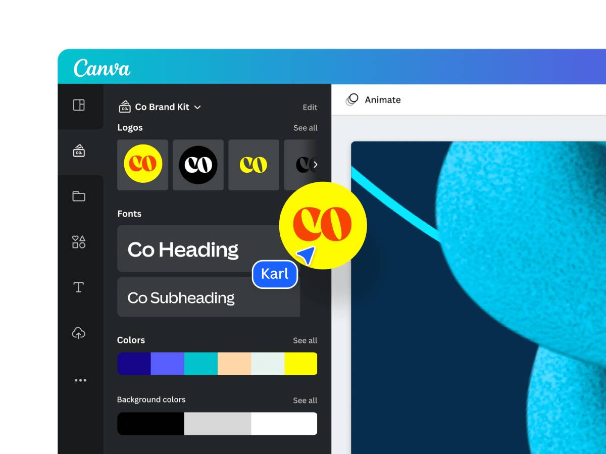 Screenshot of Canva's Co Brand Kit, showcasing logo options, font selections, and color palettes for branding projects.