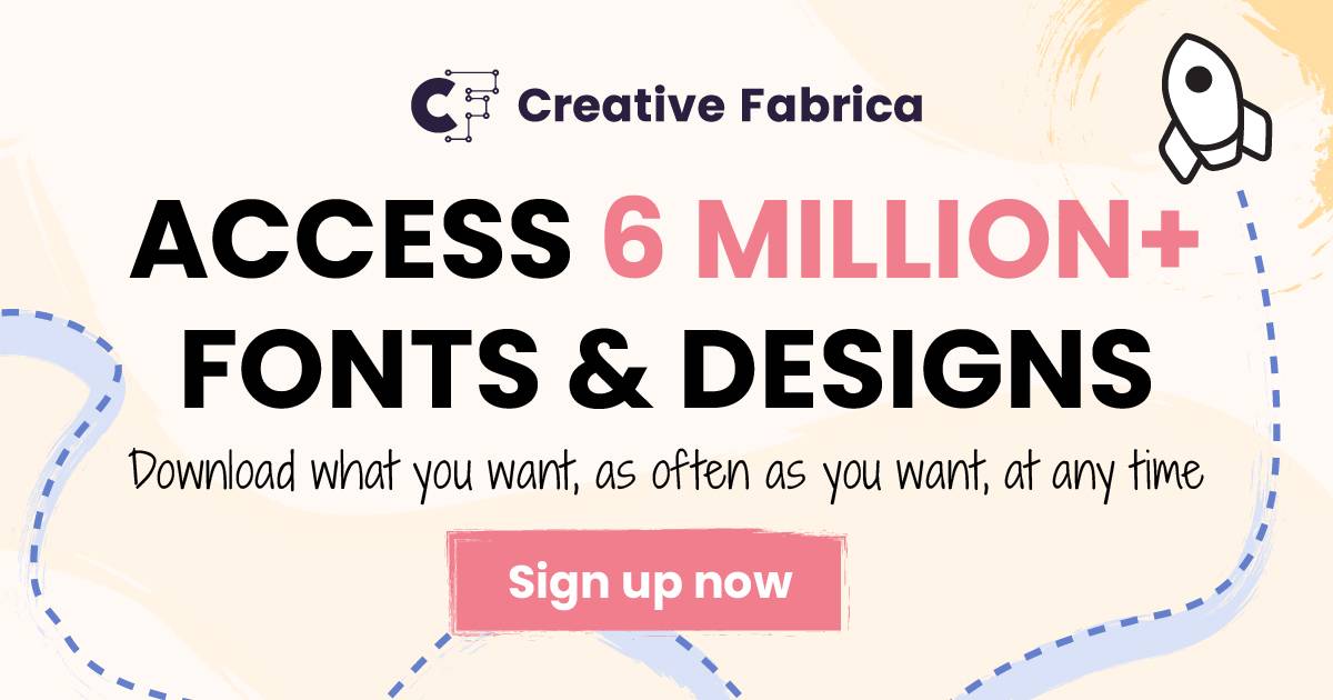 Promotional image for Creative Fabrica, highlighting access to over 6 million fonts and designs with a
