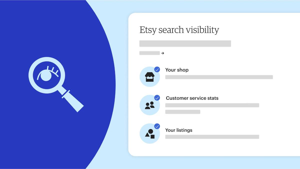 Image shows an Etsy dashboard section labeled Etsy search visibility, with options for Your shop, Customer service stats, and Your listings.