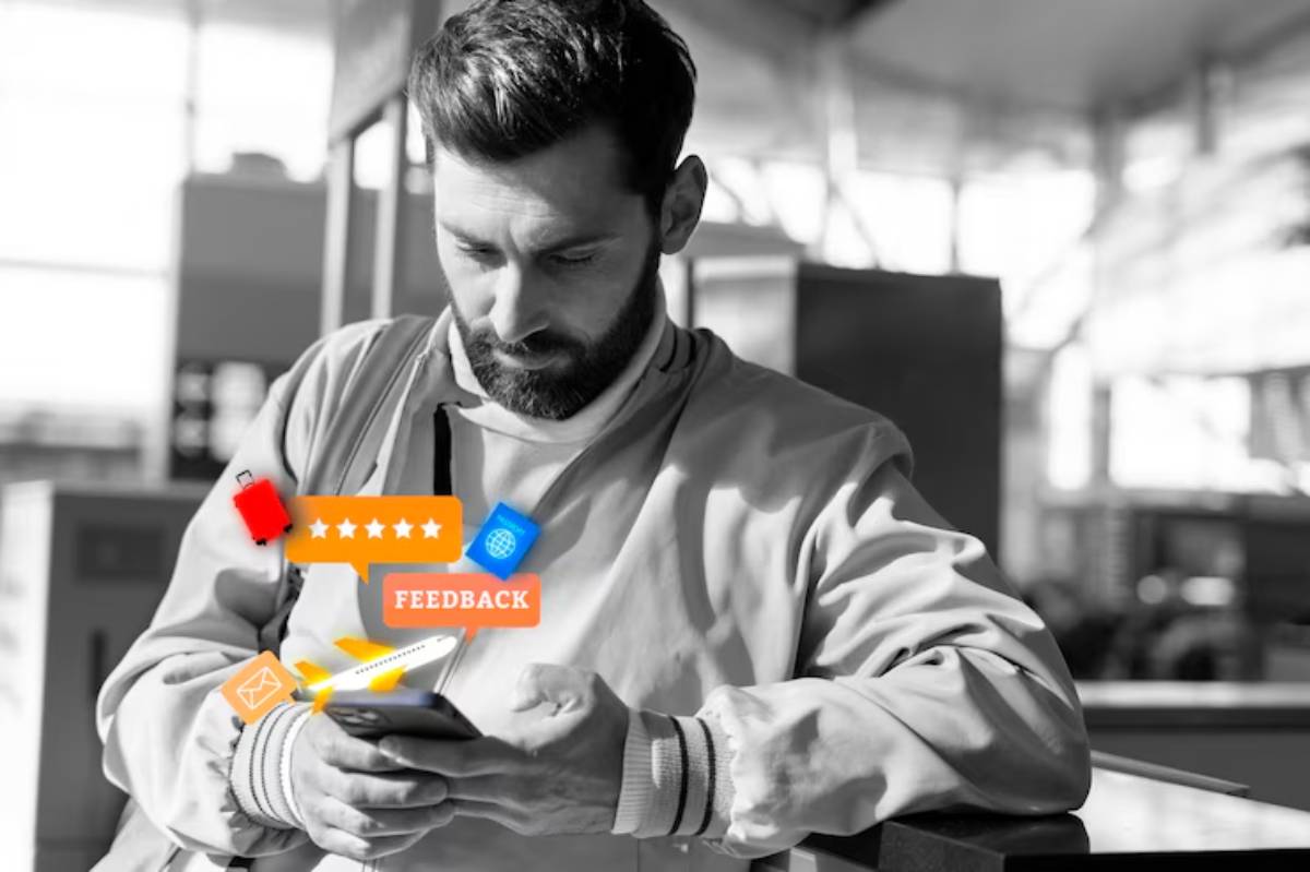 A person in a casual jacket sits indoors, focused on their smartphone, with colorful feedback icons floating around.