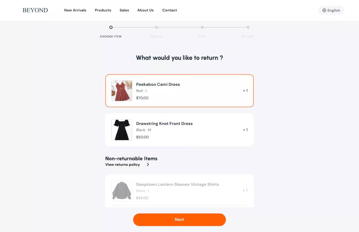 Screenshot of a return selection page displaying items to return: two dresses with prices and details, plus non-returnable items listed.