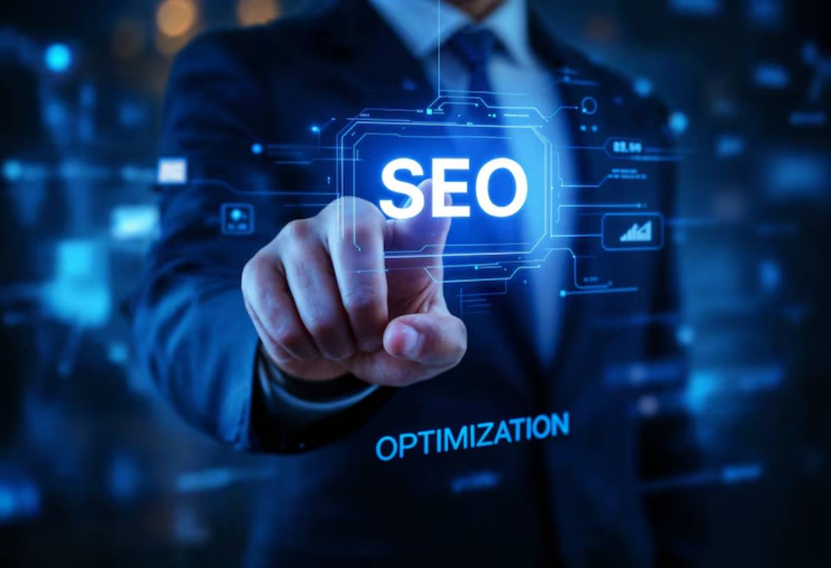 A businessman in a suit selects SEO on a holographic interface, emphasizing digital optimization strategies.