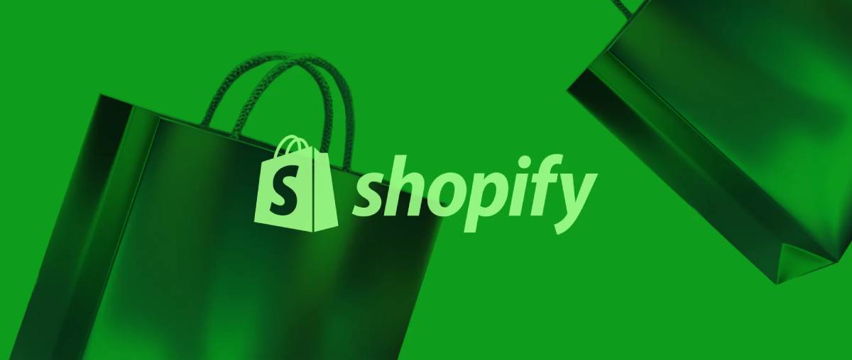 Green background featuring shopping bags and the Shopify logo in white, symbolizing e-commerce and online retail.