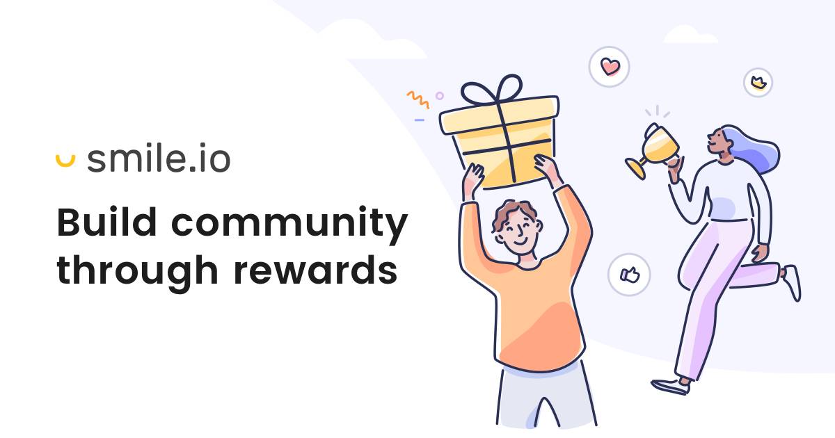 A character holds a large gift box while another character celebrates with a trophy, promoting community building through rewards.