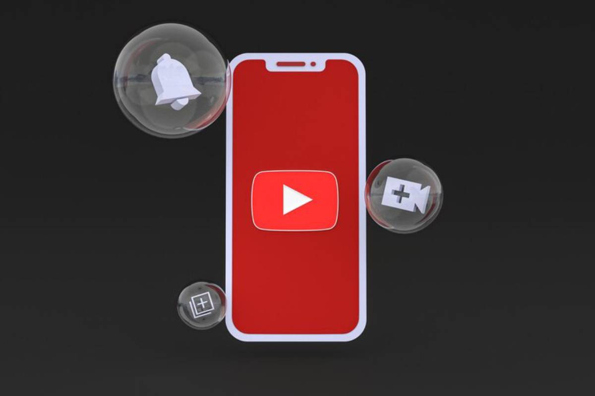 A smartphone displays the YouTube logo surrounded by icons for notifications, adding content, and video creation in bubbles.