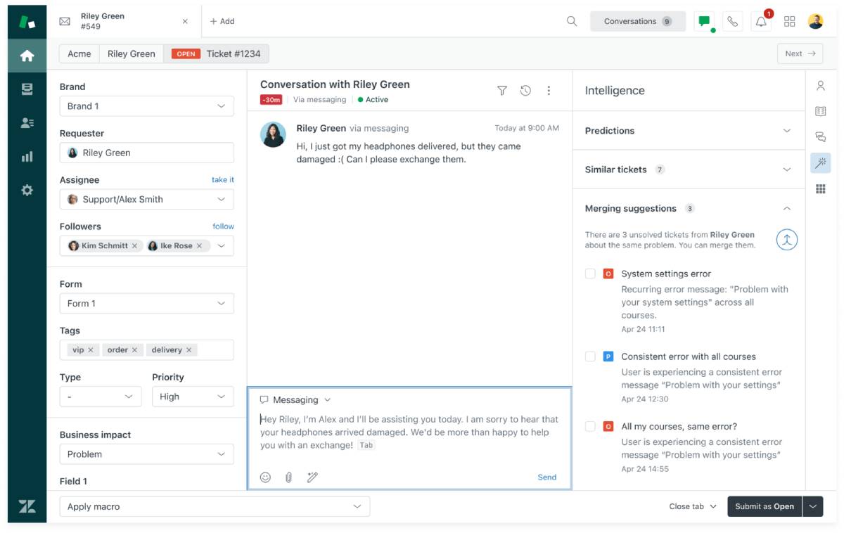 Customer support conversation interface showing a ticket from Riley Green about damaged headphones, with assignee info and merging suggestions.