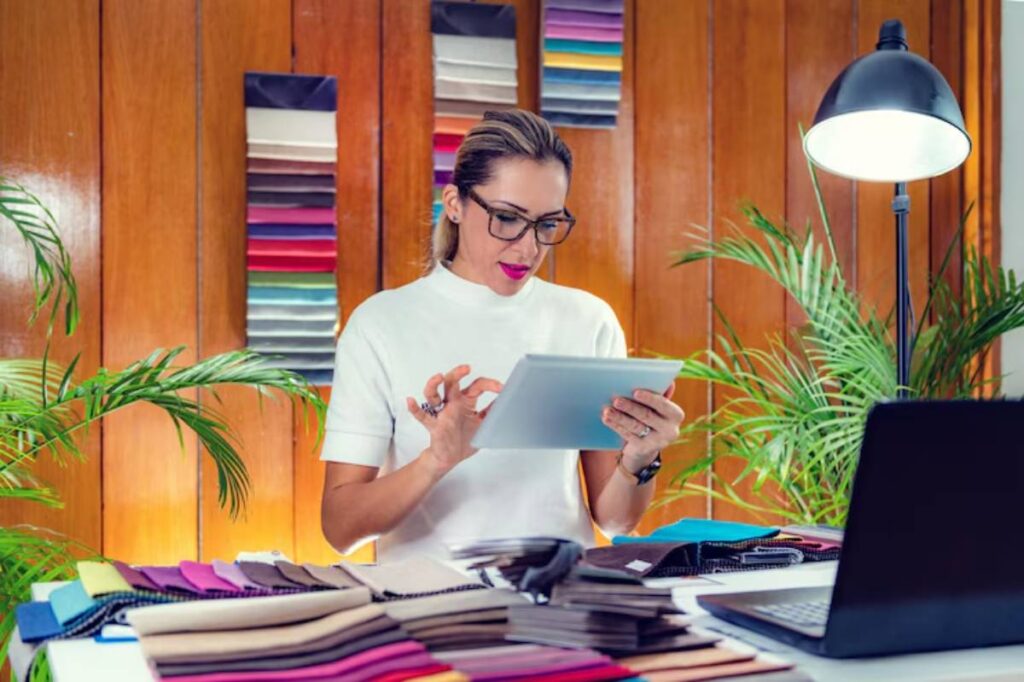 A person in a white shirt uses a tablet, surrounded by colorful fabric swatches and a laptop, with greenery in the background.