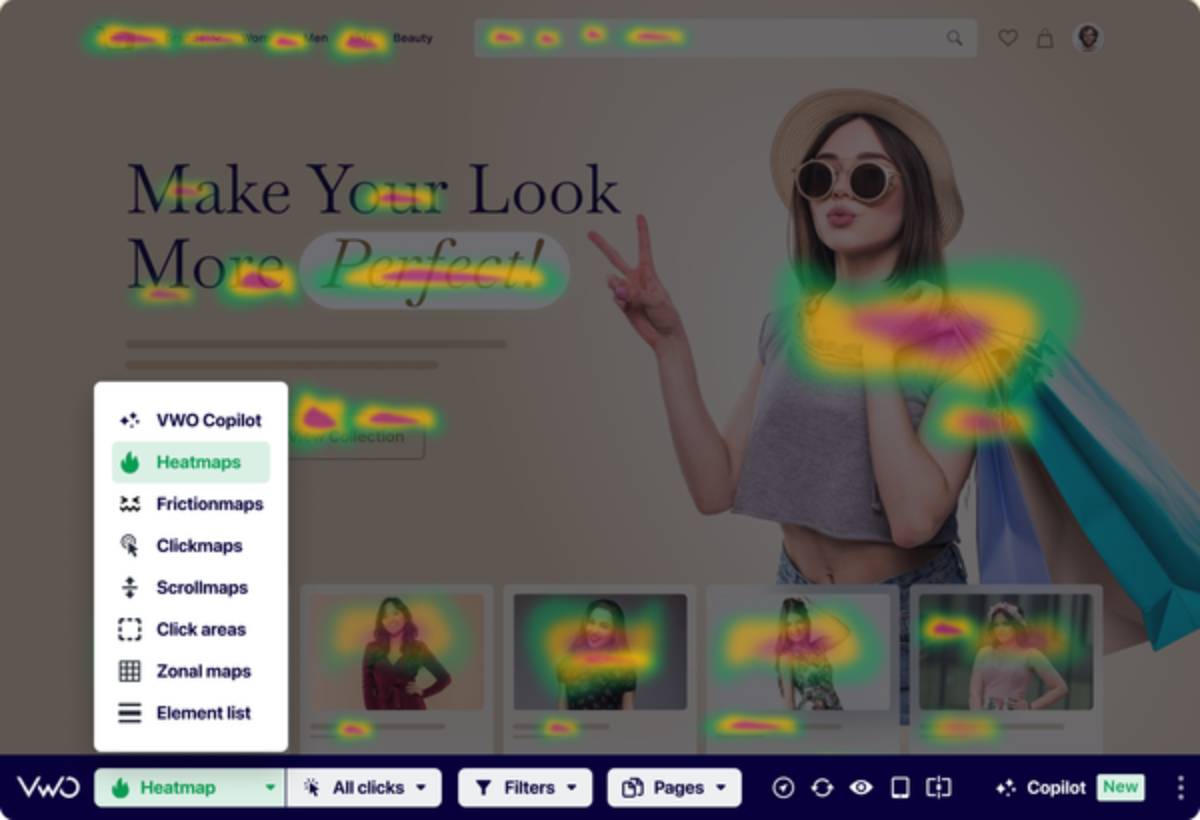 A webpage showcasing beauty products with heatmap overlays indicating user interaction areas. Sidebar tools for analysis are visible.