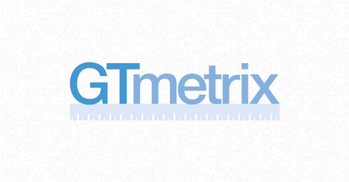 Logo of GTmetrix, a web performance analysis tool, featuring the name in blue with a light ruler graphic beneath on a textured white background.