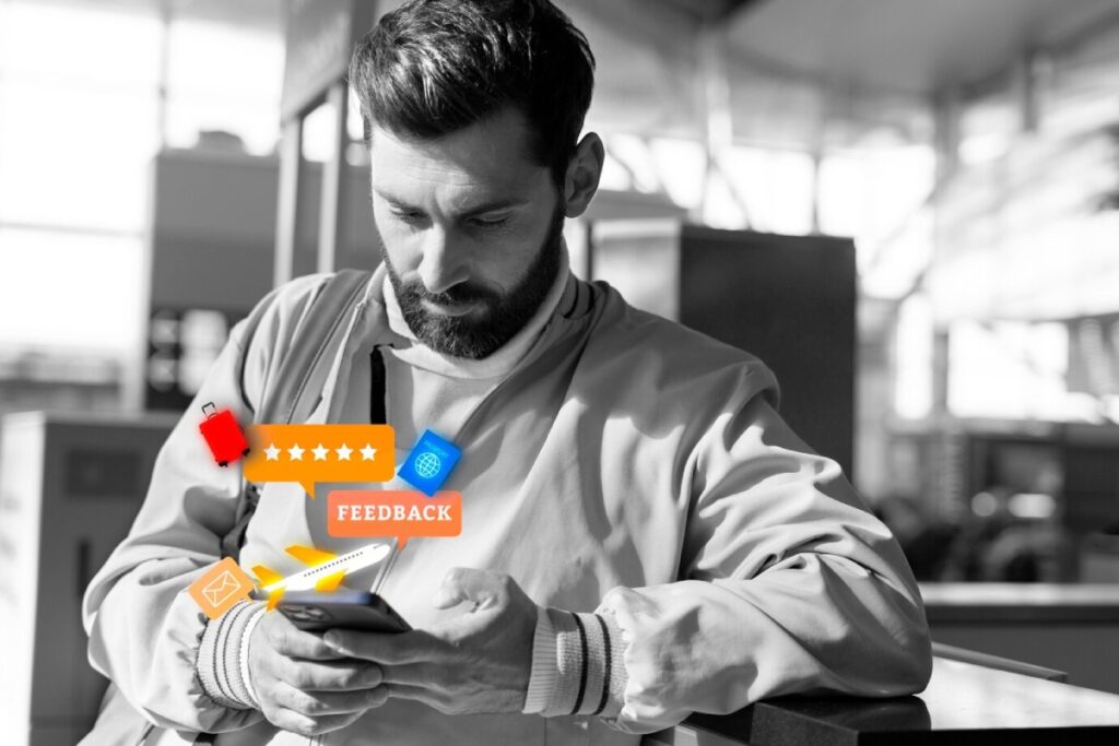 A person in a light jacket is holding a smartphone, surrounded by icons representing feedback, ratings, and communication.