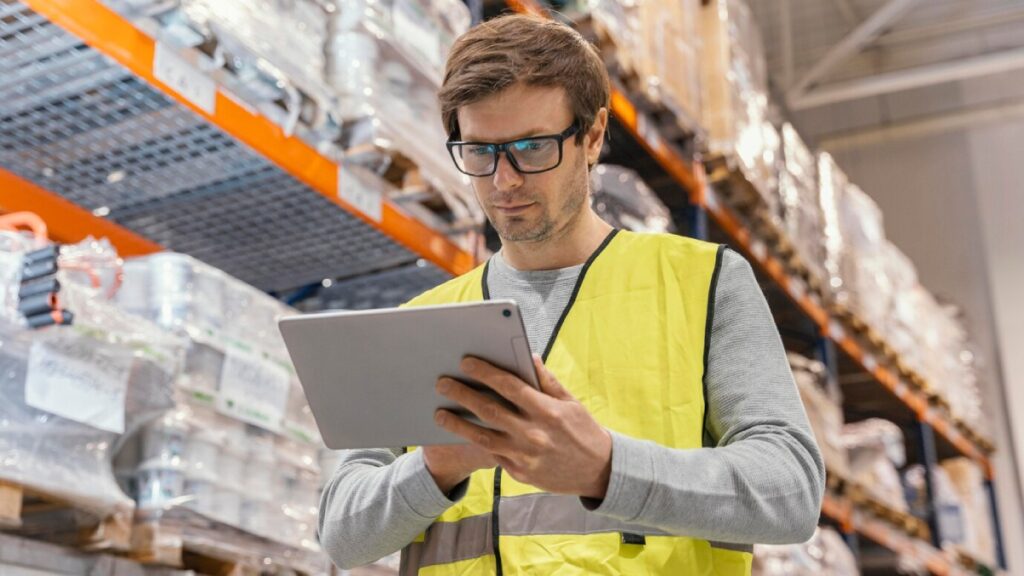 A warehouse worker in a yellow vest uses a tablet, surrounded by shelves stacked with goods and products.