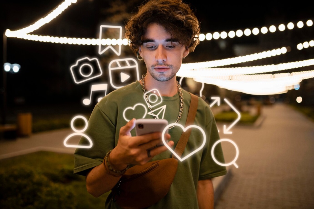 A young man in a green shirt holds a smartphone outdoors at night, surrounded by illuminated decorative lights and social media icons.