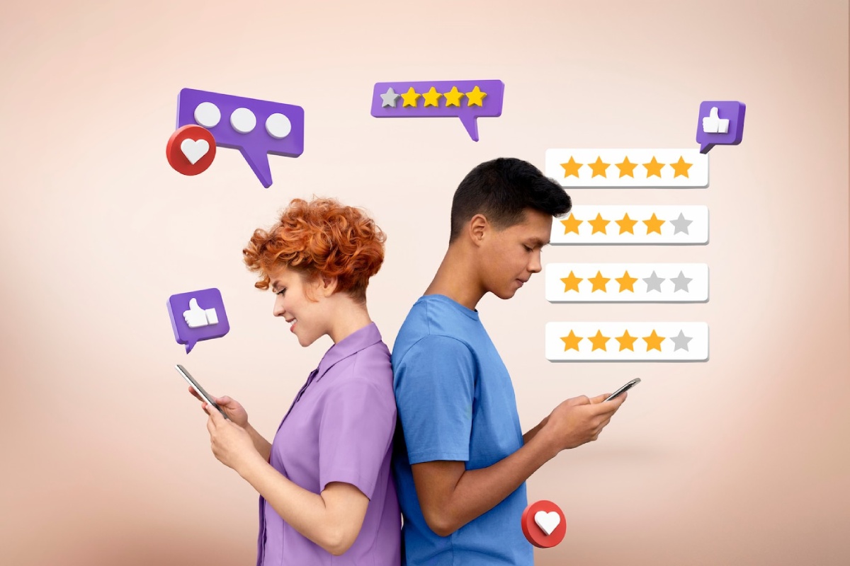 A person in a purple shirt and another in a blue shirt are standing back-to-back, checking their smartphones surrounded by rating icons.
