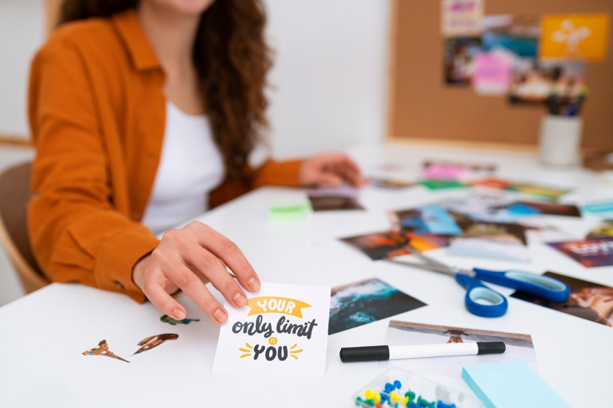 A woman in an orange shirt holds a motivational quote card, surrounded by photos and crafting materials on a table.